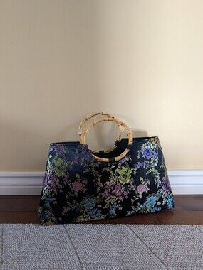 SATIN FLORAL BAMBOO HANDLE VINTAGE HANDBAG
